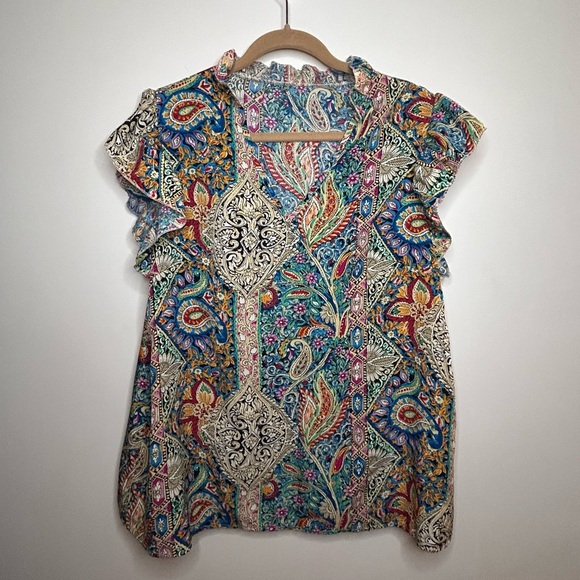 Emery Rose Blouse Ruffled Cap Sleeve Boho  Multicolor Paisley V Neck Top 1XL - Picture 9 of 10